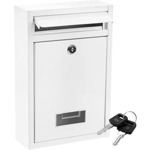 DEAYOU Wall Mount Mailbox with Key Lock, Locking Mail Box for Outside, Steel Cover Metal Dropbox, Security Postbox with Slot for Envelope, Letter, Home, Office, 12.6" H x 8.5" L x 3.3" W, White