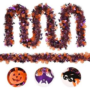Pack Of 2 33Ft Holiday Garland, Tinsel Garland with Orange Pumpkin Black Ghost Purple Bat for Home Tree Indoor Outdoor Door Garden Party Vocation Decorations