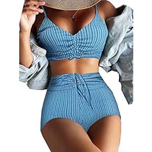 Swmmer Liket High Waisted Bikini Sets for Women Boy-Shorts Swimsuits Tankini Bathing Suit Blue Black Striped t (X-Large)