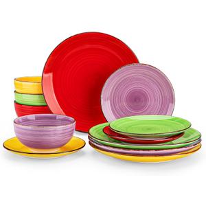 vancasso Bonita Dinnerware Set Muticolor Stoneware 12 Pieces Service for 4, Handpainted Spirals Pattern Stoneware Plates and Bowls Set