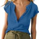 Tankaneo Women Deep V Neck Low Cut Tops Casual Ribbed Knit Henley T-Shirts Summer Short Sleeve Tees (Large, Blue)