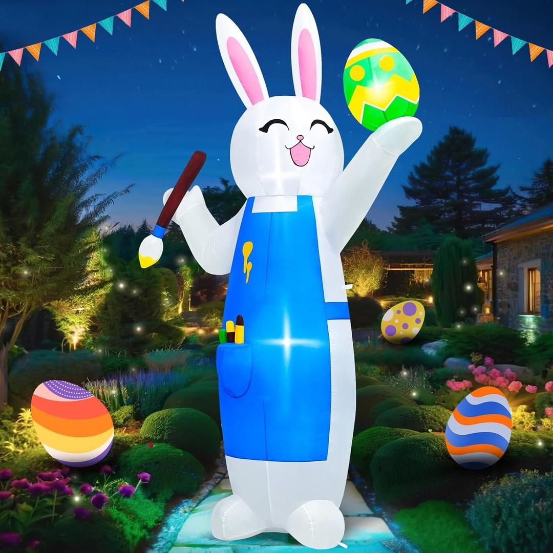 MICOCAH 8FT Easter Inflatables Outdoor Decorations Blow Up Bunny Painting Eggs Built-in LED Lights, Happy Easter Decorations Inflatable Bunny for Indoor Yard Garden Lawn Holiday Party Decor