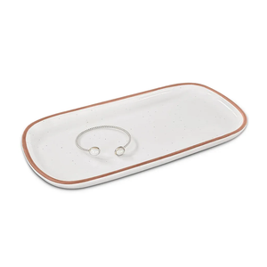 Mora Ceramic Decorative Tray - Rectangle 10in Dish for Jewelry, Soap Dispenser, Perfume, Makeup, Accessories, Candle, in The Bathroom Vanity, Bedside, or Kitchen Counter. Cute Organizers - White