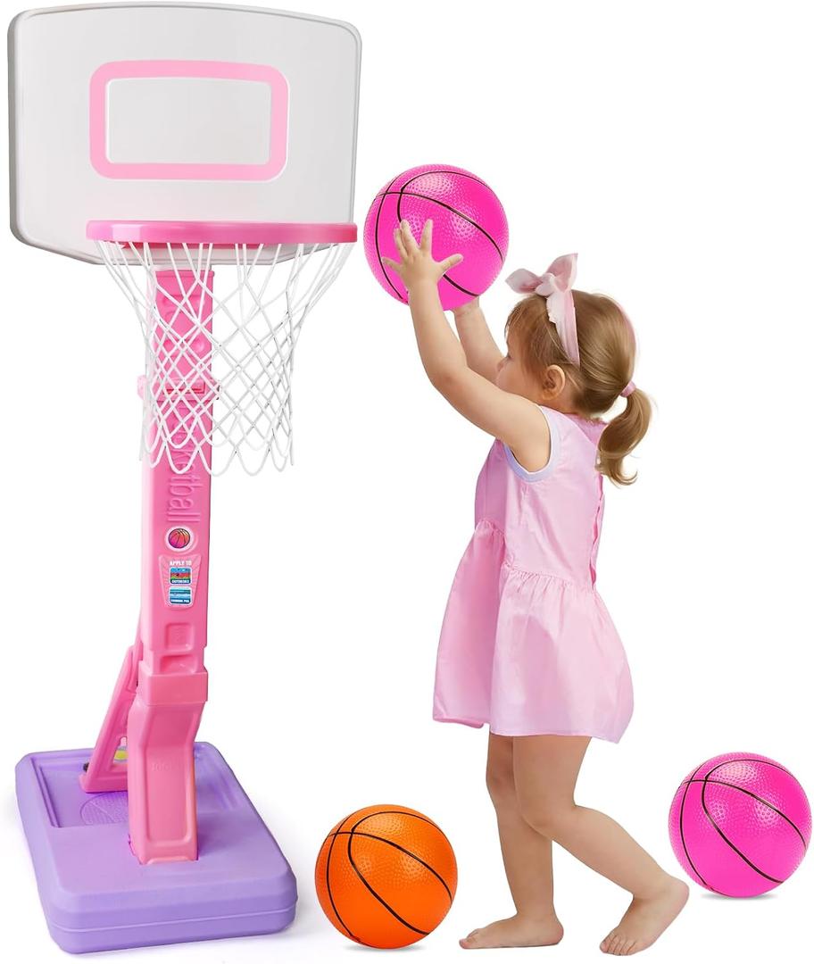 Toddler Pink Basketball Hoop Indoor Outdoor for Age 1-3, Adjustable Kids Basketball Hoop Goal, Mini Pool Basketball Hoop with 3 Inflatable Balls, Toddler Toys for 1 2 3 4 Year Old Girls Birthday Gift