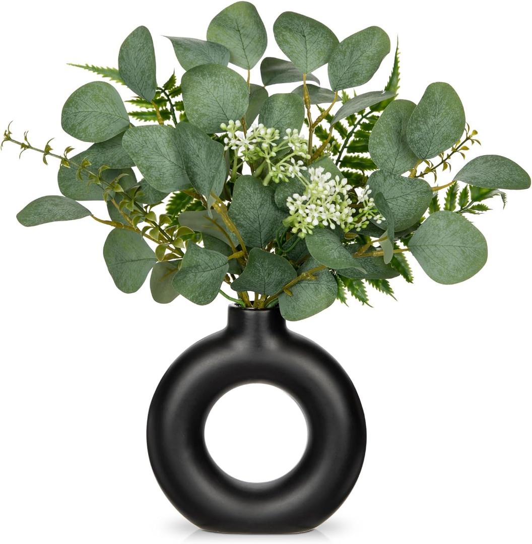 Artificial Eucalyptus Stems in Ceramic Vase 14.23" Fake Eucalyptus Plant Decor Black Donut Vase with Greenery Centerpiece Table Decorations Small Faux Green Plant for Home Farmhouse Wedding Table