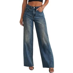 Womens Wide Leg Jeans Mid High Waisted Baggy Straight Leg Stretchy Denim Pants Seamed Long Trousers (Blue)