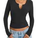 EasyGala Womens Cotton Long Sleeve Shirts V Neck Henley Tops Slim Fit Basic Going Out Tshirts Fall Fashion Outfits 2025 Black, Large
