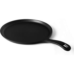 Commercial CHEF 10.5-Inch Cast Iron Round Griddle, Pre-Seasoned Cast Iron, Integrated Hanging Hole in Handle, Works on All Cooktops Including Induction, Outdoor Skillet for Campfires, CHFL911