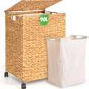 Livole Wicker Laundry Hamper with Lid & Wheel, 23.8 Gallon (90 L) Handwoven Water Hyacinth Laundry Basket with Removable Liner & Handles, Sturdy Steel Frame for Bedroom Bathroom Laundry Room Natural