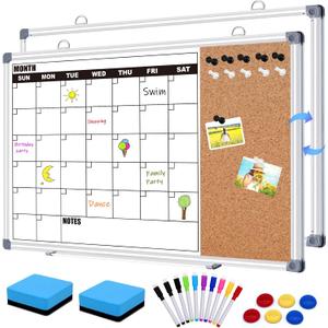 Calendar Whiteboard for Wall, 24" x 18" Double Sided Monthly Dry Erase Board Calendar for Office, Home, School, Hanging Cork Board White Board Combo, Portable Magnetic Dry Erase Planner Board