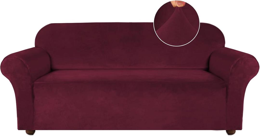 Turquoize Velvet Couch Covers Sofa Covers for 3 Cushion Couch Stretch Sofa Slipcovers with Non Slip Elastic Bottom Furniture Protector for Pets Crafted from Soft Thick Velvet Fabric (Sofa, Burgundy)
