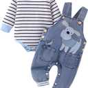 Baby Boy Clothes Fall Winter Outfits Long Sleeve Striped Romper Cute Cartoon Jeans Overalls Pants Set 9-12 Months