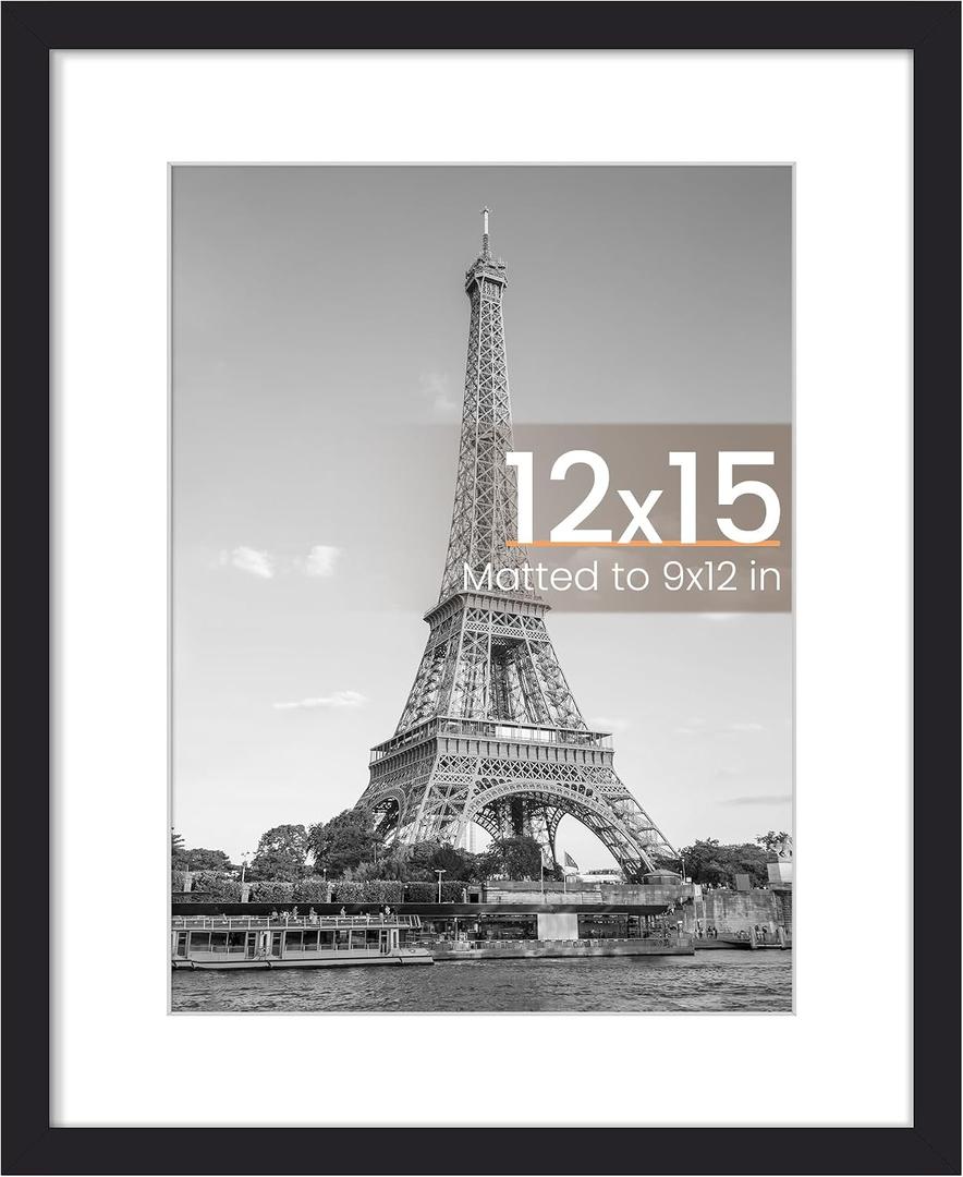upsimples 12 x 15 Frame, Display Pictures 9x12 with Mat or 12x15 Without, Wall Hanging Photo Frame, Black, 1 Pack