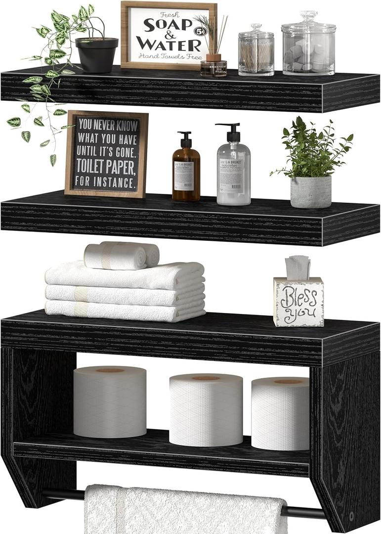 QEEIG Bathroom Floating Shelves for Wall - Shelf Over Toilet Paper Storage Farmhouse 16 inch Set of 3, Black (028-40B3)
