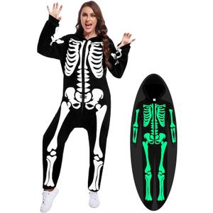 Men Women Skeleton Costume Glow in the Dark Skeleton Jumpsuit Costume for Adult Halloween Costume (Medium)