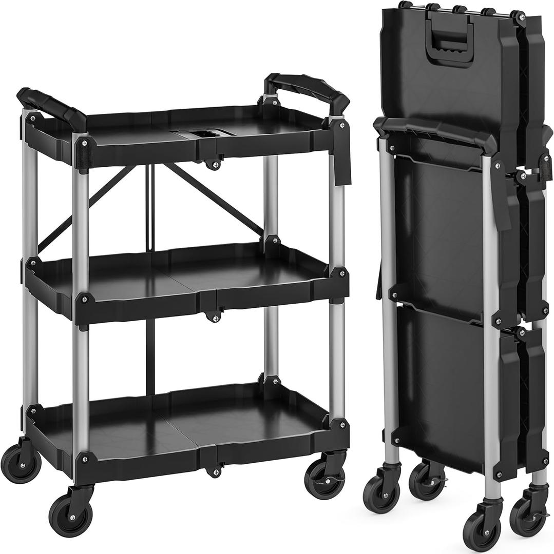 YITAHOME 240LBS Folding Utility Cart with Wheels, Foldable Utility Service Cart 3 Tier Collapsible Rolling Cart with 360Swivel Wheels (2 with Brakes), Portable Cart for Home Garage Restaurant Office