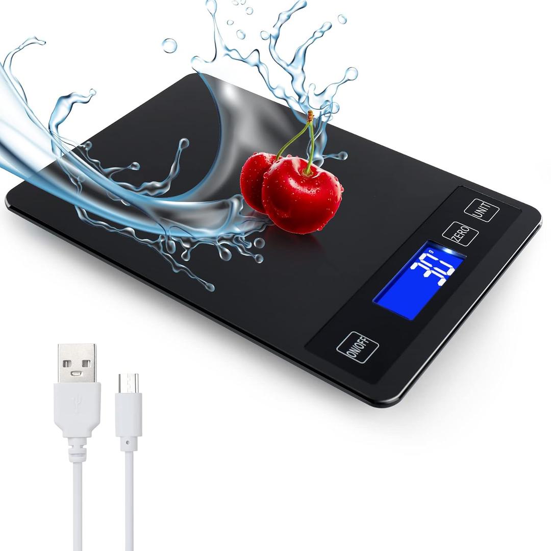 33lb Food Kitchen Digital Scale,1g/0.05oz Precise Graduation, USB Charging Kitchen Scale, Waterproof Stainless Steel with LCD Display, Ounces and Grams for Weight Loss, Cooking, Baking (Black)