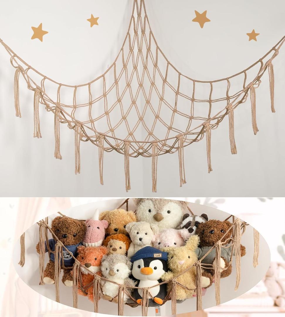 Stuffed Animal Storage Hammock or Net Corner - Large Toy Hammock Net for Stuffed Animals Room Decor - Cute Stuff Animal Organizer Plush Holder - Kids Baby Nursery Essentials Wall Bedroom Home Decor (Standard(41.5"L x 55.2"W x 41.5"H), Flaxen)