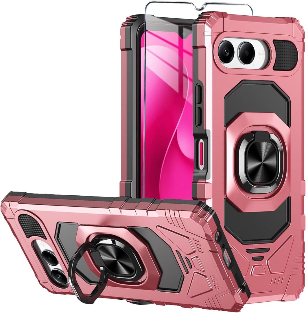 for T-Mobile REVVL 8 Phone Case with Tempered Glass Screen Protector,Military Grade Heavy Duty Shockproof Protective Cover,with Ring Kickstand (Rose Gold)