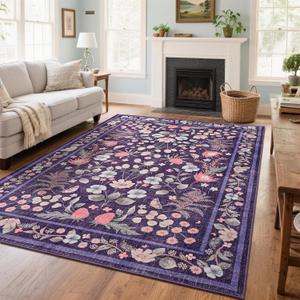 Przemy Area Rugs for Living Room, 5x7 Washable Rug Floral for Kid's Bedroom, Non Slip Rustic Carpet for Office Bedside Floors Indoor, Purple