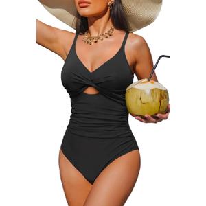 Tempt Me Women One Piece Swimsuit - Tummy Control Bathing Suits Cutout V Neck Twist Front Swimwear (Large, Black)
