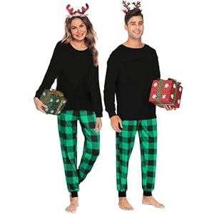 Sexqero Christmas Family Matching Pajamas Set Couples Button Down Sleepwear Loungewear Long Sleeve Plaid Pjs Lounge Set(Women Black Green Plaid Large)