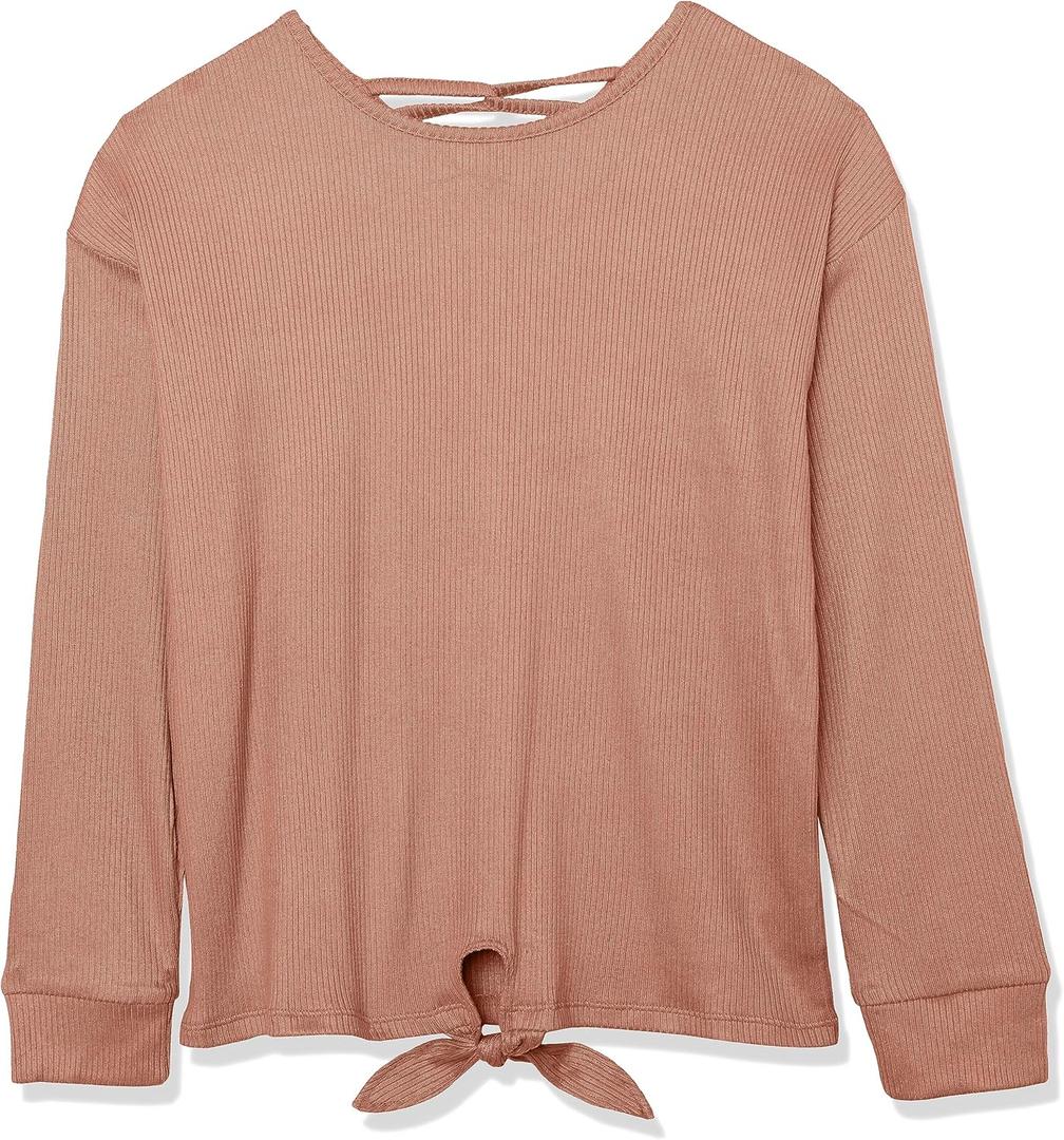 Long Sleeve Ribbed Tie Front Top (Medium, Cinnamon)