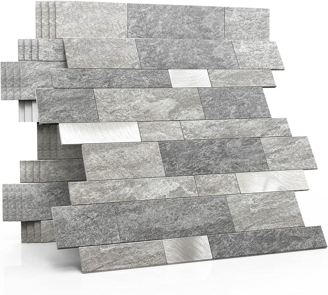 MOFIT Backsplash Tile for Kitchen Peel and Stick Stone Matte Finish,Bathroom Tiles Stickers 3D Wall Panel Linear Mosaic Marble Backsplash Waterproof (5sheets,Gray Silver)