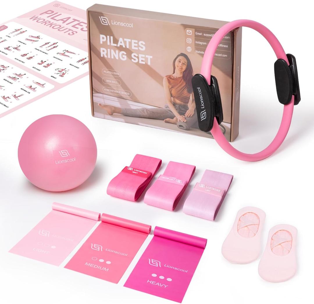 LIONSCOOL Pilates Ring Set  14" Anti-Deformation Magic Circle with Padded Handles, Mini Ball, Resistance Bands, Guide & Bag (Pink Pro)