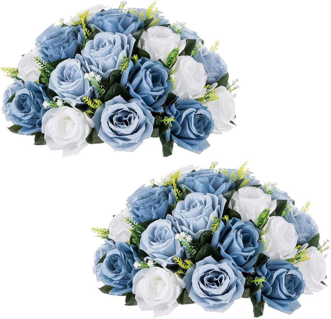 NUPTIO Large Artificial Flower Centerpieces - 2 Pcs 13.8in Diameter Dusty Blue & White Fake Flowers Roses Balls - Silk Faux Rose Arrangement for Tables Wedding Party Centerpiece Table Decorations