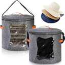 Yopay 2 Pack Hat Boxes for Women Storage, Oversized Round Travel Hat Container with Dust Proof Lid Window, Foldable Stuffed Toys Clothes Brim Hats Storage Organizer Bag Bin, Adjustable Shoulder Strap