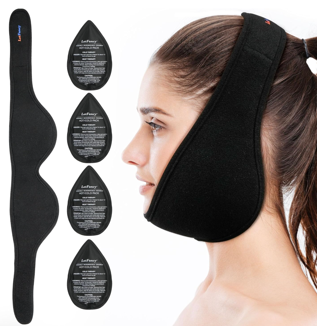 LotFancy Wisdom Teeth Ice Pack Head Wrap, Face Ice Pack for TMJ Jaw Toothache Pain Relief, with 4 Reusable Hot Cold Therapy Gel Packs, for Chin, Oral and Facial Surgery, for Kids, Teens, Petite Adults, Black 