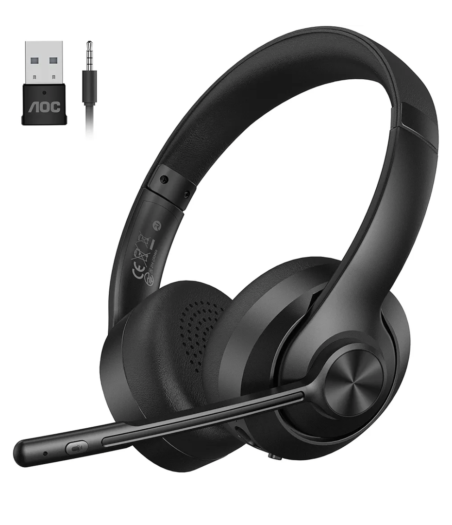 AOC Wireless Headset with Mic for Work, Bluetooth 5.4 Headphones with Noise Canceling Microphone, USB C, 30H, Clear Calls & Mic Mute for PC, Laptop, Cell Phones, Zoom - Black
