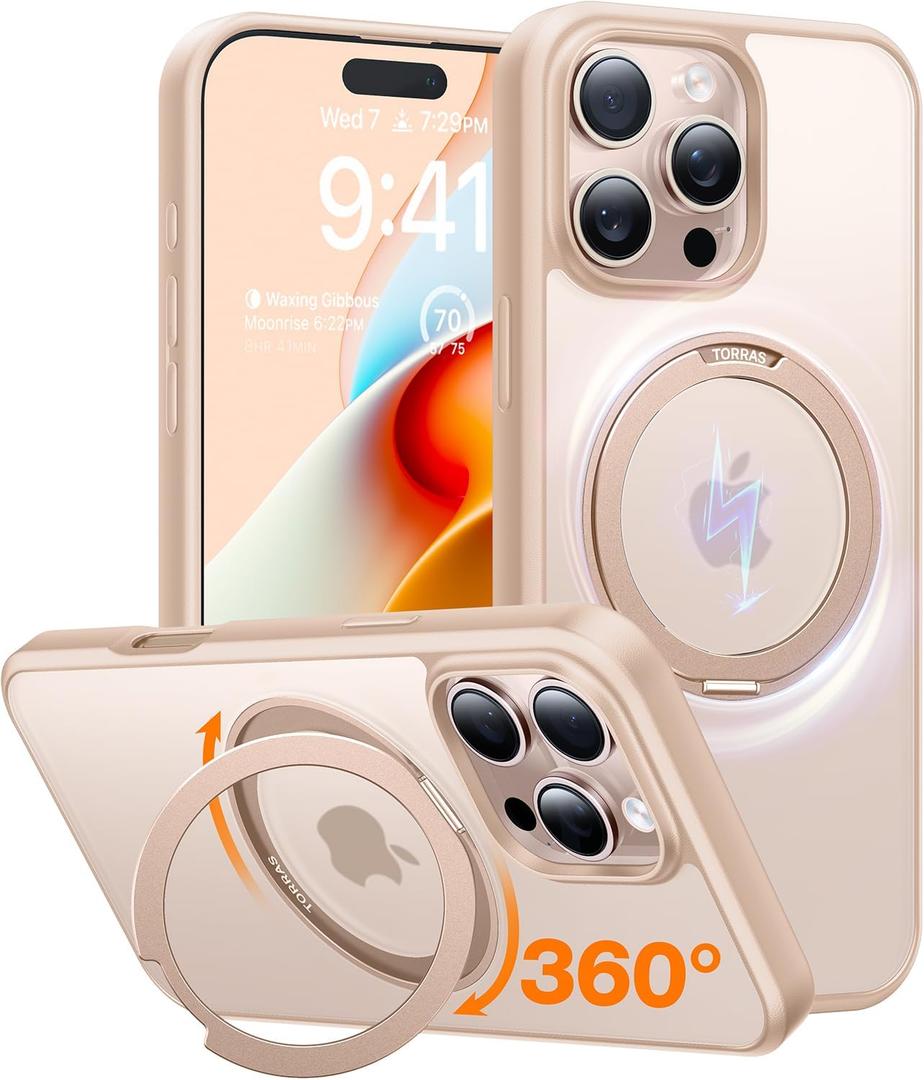 TORRAS 360Rotatable Magnetic for iPhone 16 Pro Case 6.3 inch, Fit for MagSafe 16 Pro Phone Case, 16FT Military Grade Shockproof, Flush Stand Ring, Translucent Slim Ostand, Desert Titanium Gold
