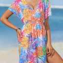 Women V Neck Beach Cover Up Dress Tropical Print Swimsuit Coverup Elastic Waist Bikini Beachwear