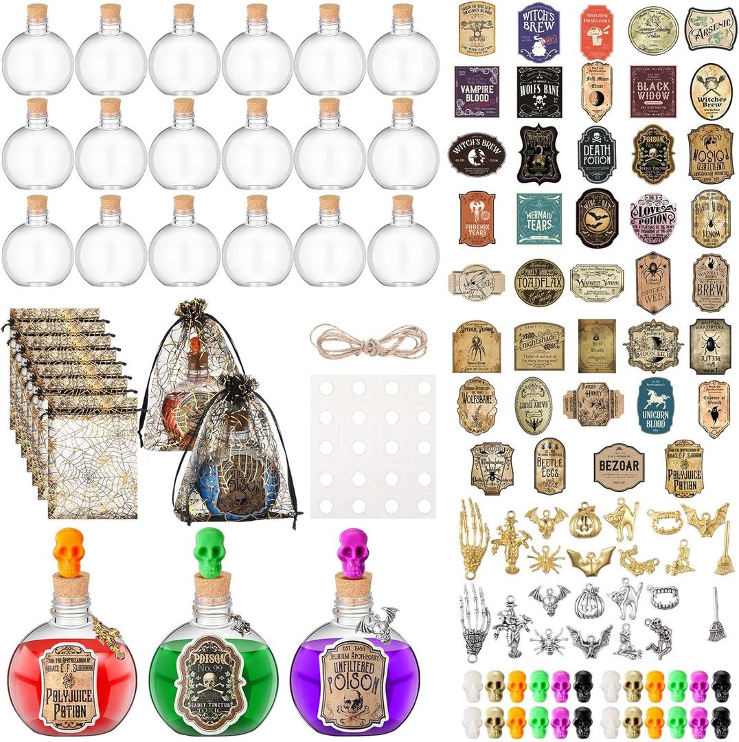 139 Pcs Halloween Potion Bottles Decorations Indoor Apothecary Plastic Bottle Set Witch Potion Jars with Stickers Pendants for Tiered Tray Decorations Halloween Party Supplies(Spherical)