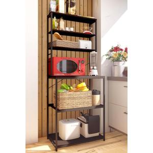 Elixo Bakers Rack with Power Outlet, coffee bar cabinet with 6 S hooks, 6-Tiers small appliances and microwave stand with storage for small apartments with motion sensor lights, Wood