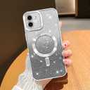 NITITOP Compatible with iPhone 12 Case Cute Clear Glitter [Compatible for MagSafe] Sparkle Bling Magnetic Plating Heart Girl Women Electroplated Frame Camera Protection Back Cover - Silver