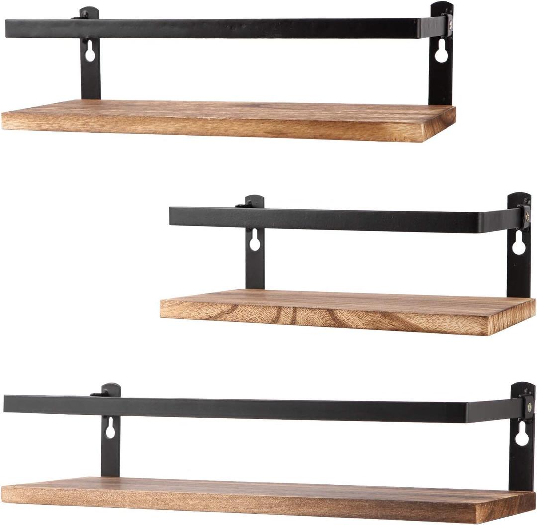 Floating Shelves Rustic Wood Wall Mounted Shelf Practical Metal Fence Design Ideal for Bedroom, Bathroom, Kitchen Set of 3 (Carbonized Black)