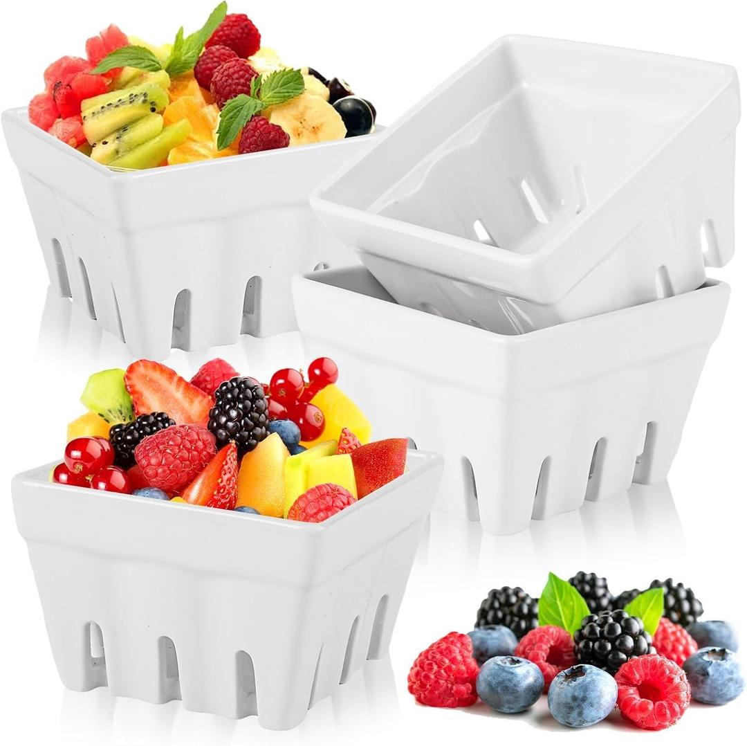 4 Pack Ceramic Berry Basket Square Ceramic Fruit Bowls 4.4 Inch Decorative Ceramic Fruit Baskets for Berries Strawberry Grape Cherry(White)