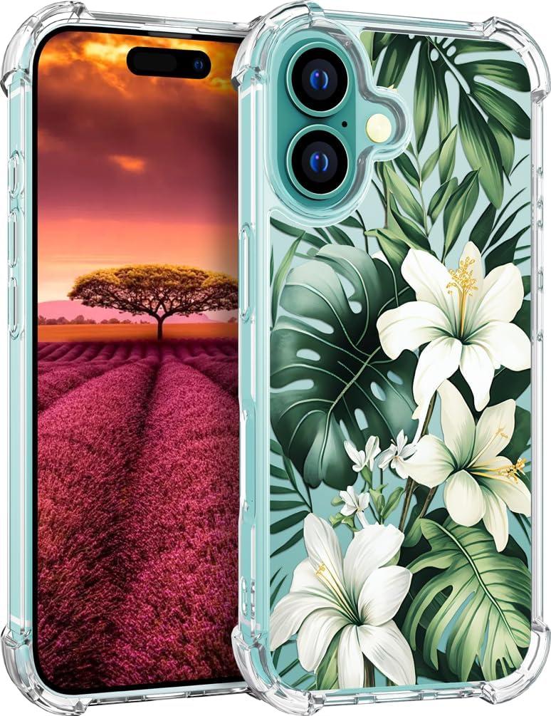 Compatible with iPhone 16 Plus Case Cute Clear for Women,Cool Transparent Silicone Phone Cases Cover - Green Tropical White Hibiscus