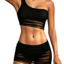 SHEKINI Women's Asymmetrical Bikini Sets One Shoulder Ruched Mesh Mid Rise Skirt Bottoms Two Piece Bathing Suit Black Large