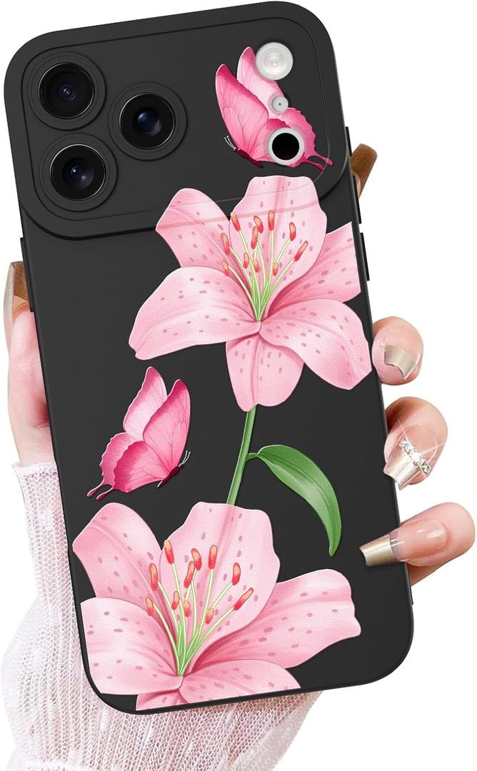 OOK Floral Case for iPhone 17 Pro Case Cute Lily Flower Butterfly Design Soft TPU Shockproof Protective for Women Girls Phone Cover