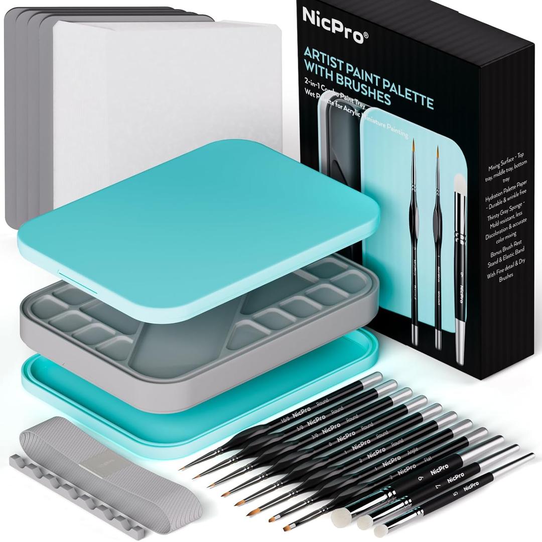 Nicpro Miniature Painting Kit with Wet Palette & 11PCS Detail Paint Brushes Drybrush, 100PCS Wet Pallet Paper, 4PCS Sponge, Brush Holder Mixing Paint Saver Palette for Miniature Model Painting