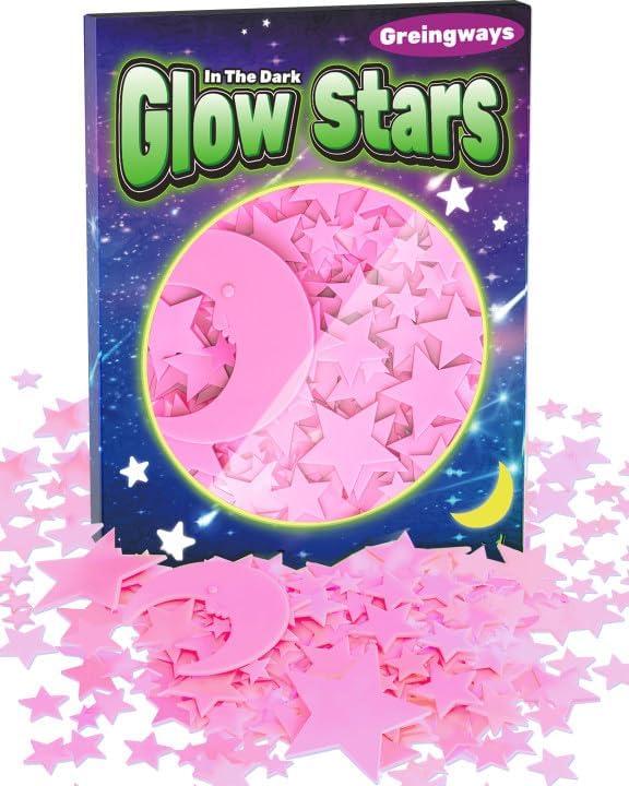 Greingways 201 Pcs Glow in The Dark Stars Stickers for Ceiling Bedroom, Stocking Stuffers for Kids Ages 3-5, 4-8, 8-12, Boys Girls Room Decor Wall Stickers Stocking Stuffers for Toddler-Pink