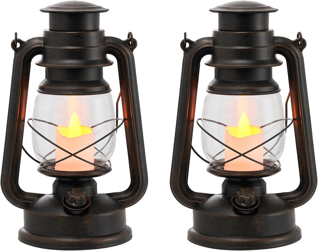 2-Pack Vintage LED Lanterns with Moving Flame Flickering- 9.5" Decorative Flameless Battery Operated Lamps with Timer for Outdoor Garden, Patio & Indoor Decor - Bronze
