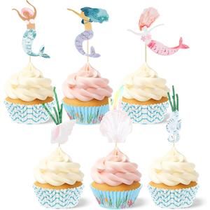 Honeydak 48 Pcs Mermaid Cupcake Kit Include 24 Mermaid Cake Topper 24 Ocean Cupcake Liners for Birthday Graduation Party Supplies Seahorse Shell Seaweed Conch Under the Sea Cake Decoration
