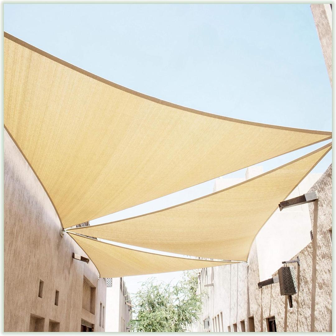 ColourTree 16' x 16' x 16' Beige Triangle CTAPT16 Sun Shade Sail Canopy Mesh Fabric UV Block UPF50 - Commercial Heavy Duty & 190 GSM