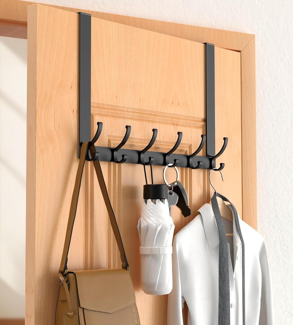 Long Over The Door Hooks Hanger with 15.75" Arms for Easier Access by Shorter, Heavy Duty Door Hanger for Coat, F16U, Fits Standard 1 3/4'' Doors, Towel Racks for Bathroom, Black