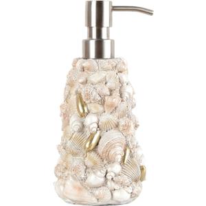 Seashell Resin Soap Dispenser - 14oz Creative Beach Handmade Shell Shaped Refillable Lotion Bottle for Bathroom, Vanity or Kitchen Counter Decor